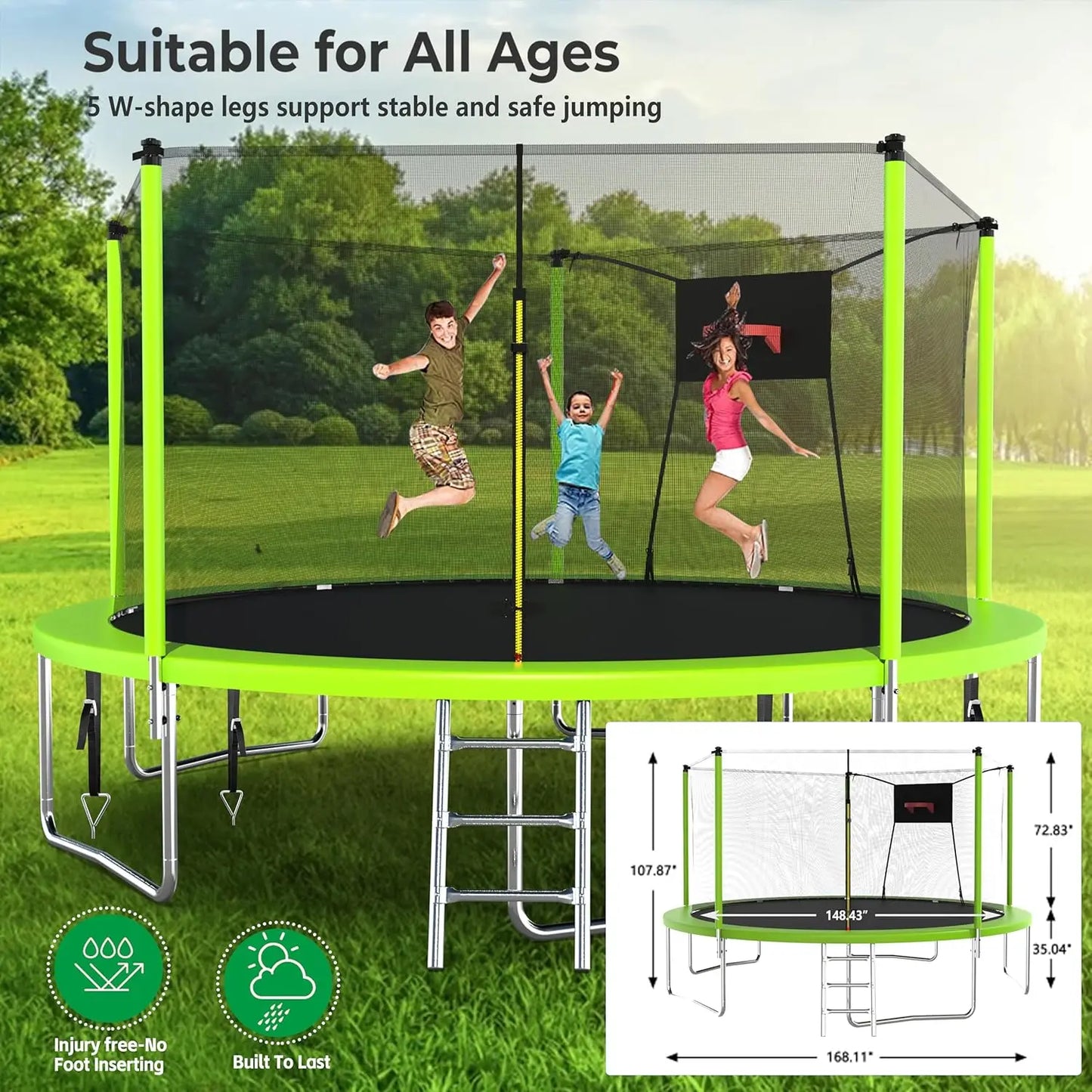 14FT Large Outdoor Trampoline, Kids/Adults,