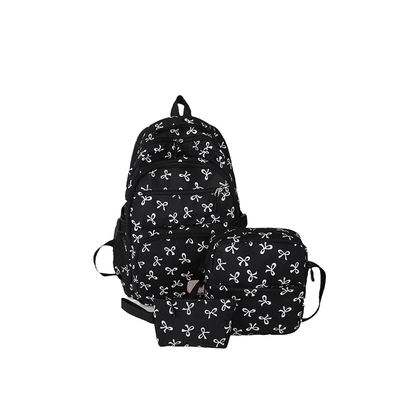 Bow Print Backpack Set with Crossbody Bag and Small Purse