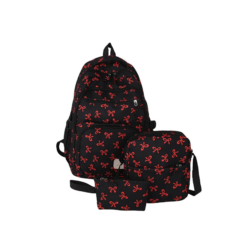 Bow Print Backpack Set with Crossbody Bag and Small Purse