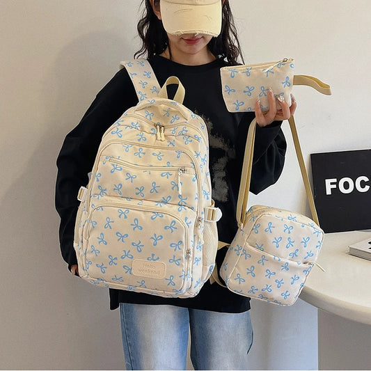 Bow Print Backpack Set with Crossbody Bag and Small Purse