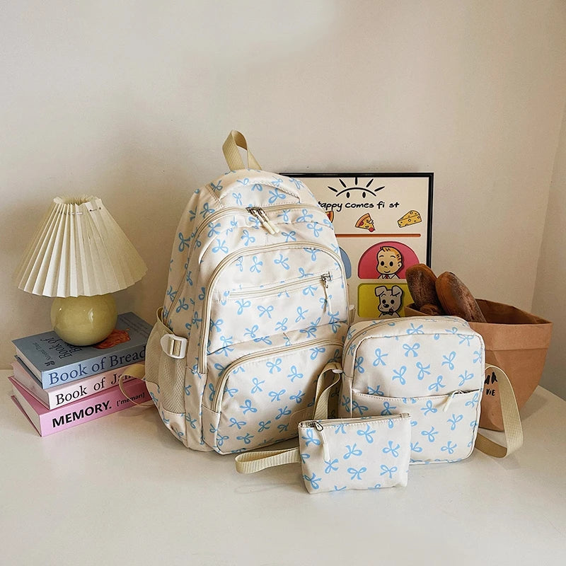 Bow Print Backpack Set with Crossbody Bag and Small Purse